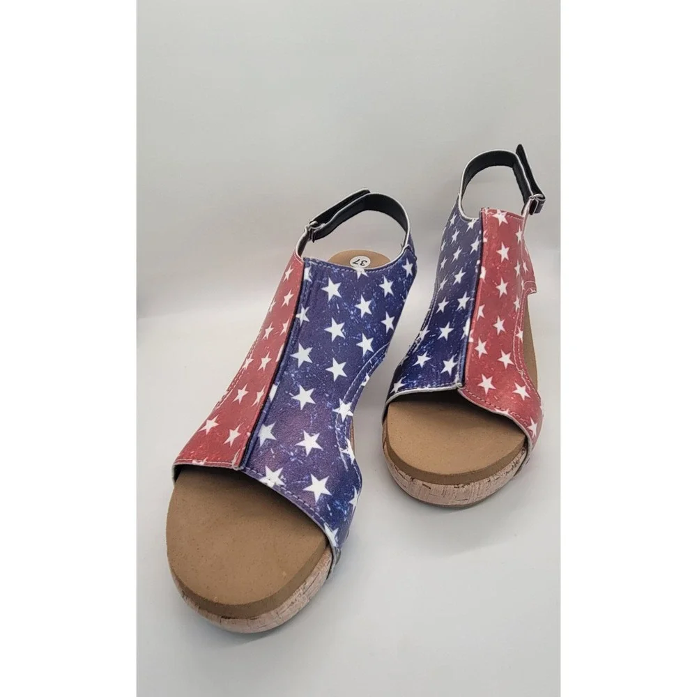 Women's American Flag Wedge Sandals EU 37 US 6 Patriotic Cork Platform Slingback
